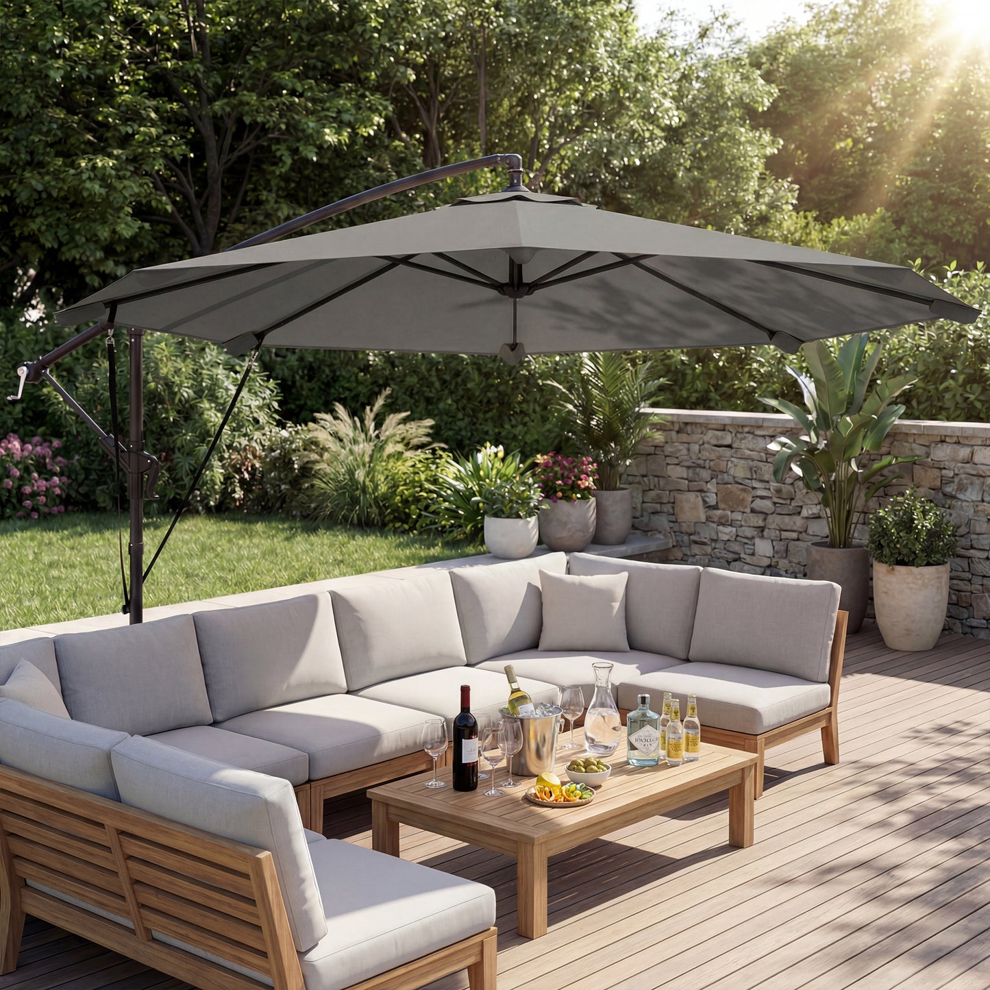 Outsunny 3 m Cantilever Parasol with Protective Cover and Wind Ropes, Banana Parasol with Crank Handle, Light Grey