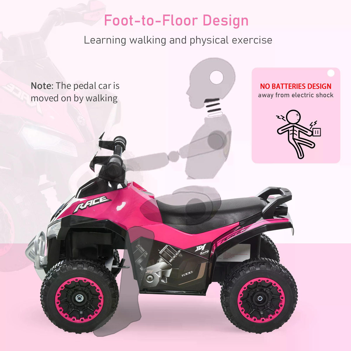 Pink and black foot-to-floor ride-on toy motorcycle with four wheels and a rear carrying handle