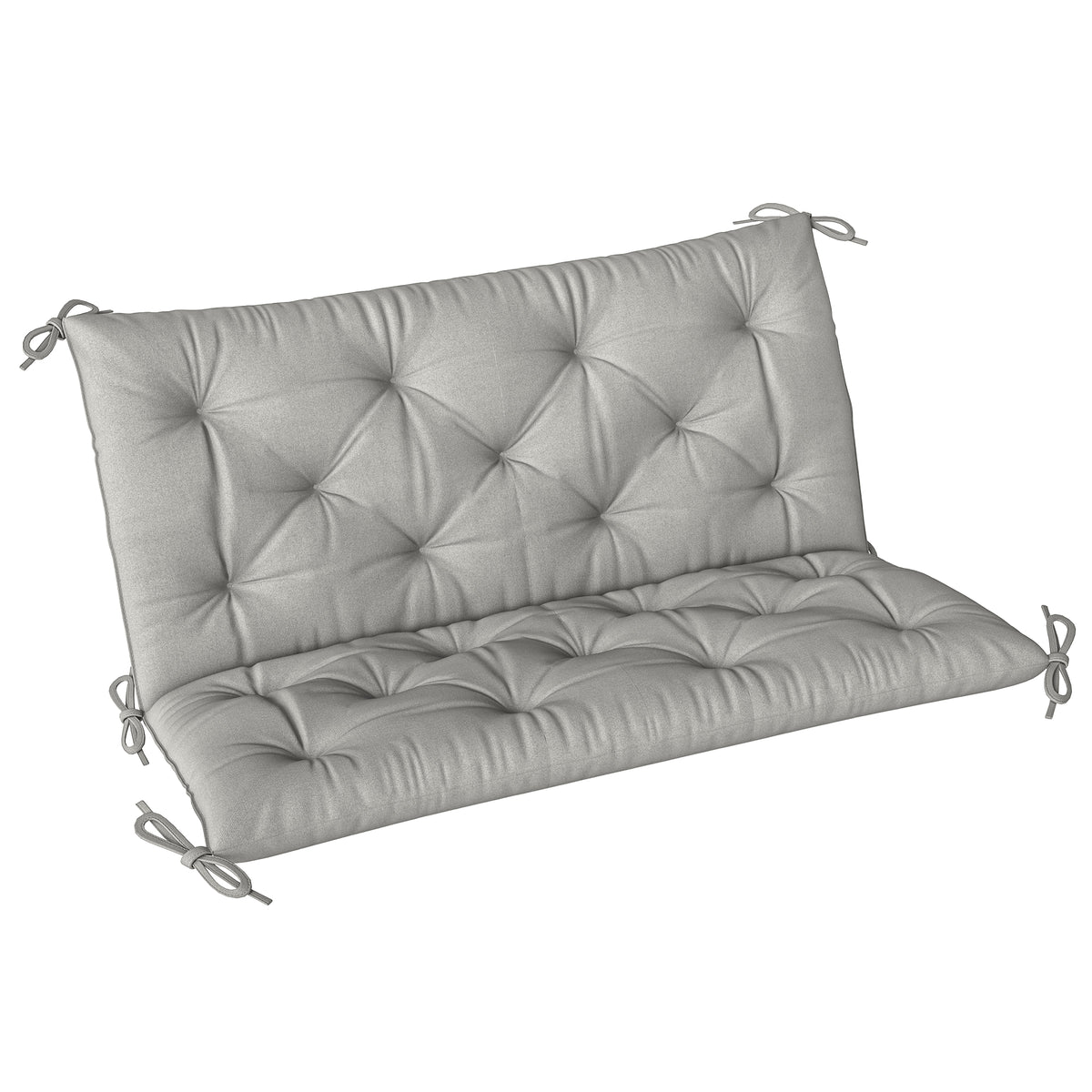 Light gray two-seat bench cushion with tufted back and seat, plus tie cords.