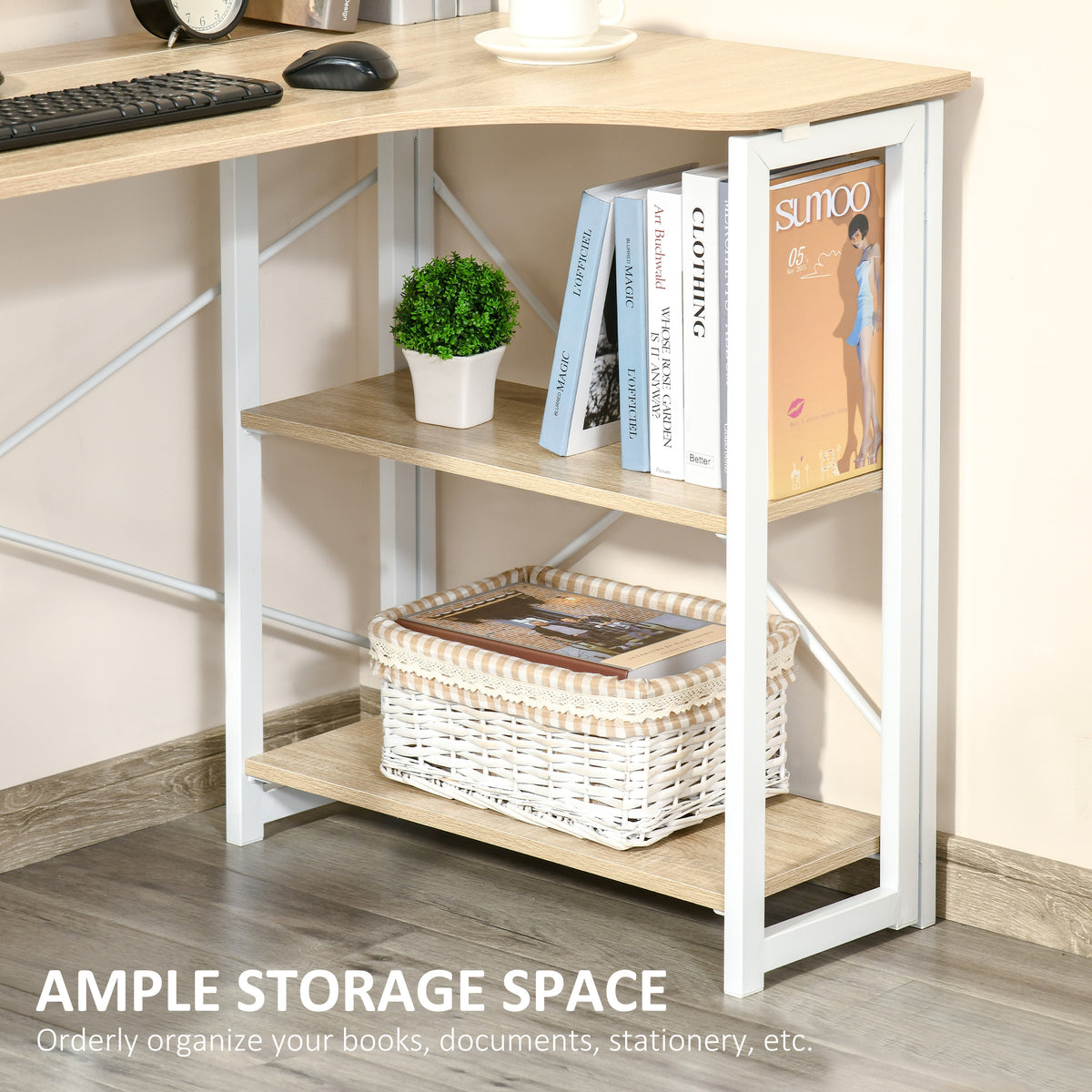 Desk's two oak-tone shelves hold books and a storage basket
