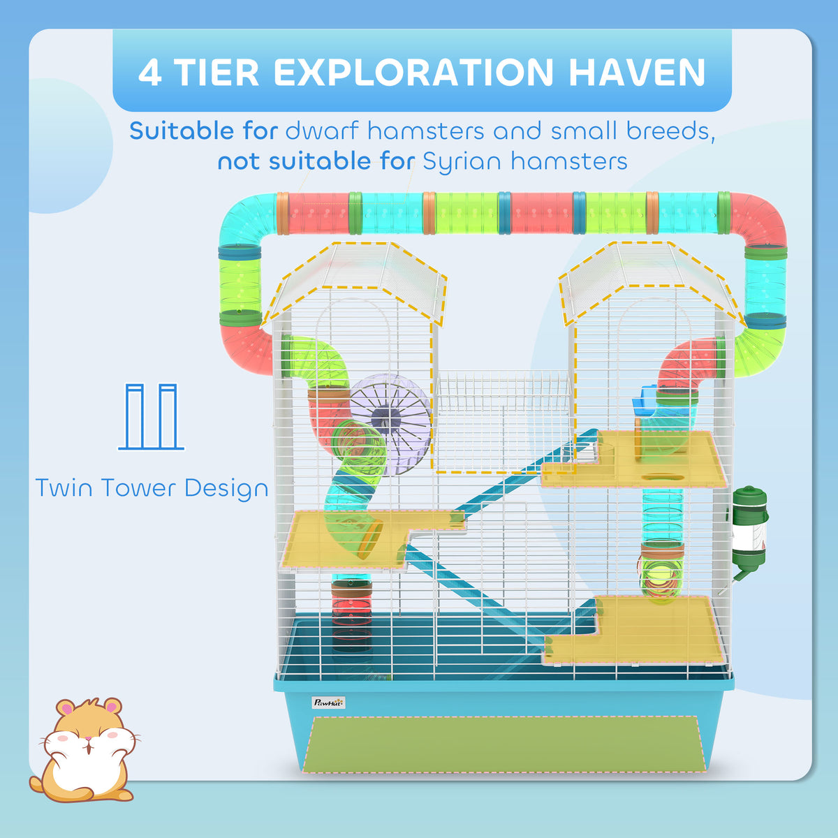 PawHut four-tier hamster cage with twin tower design, platforms, ramps and colorful tubes