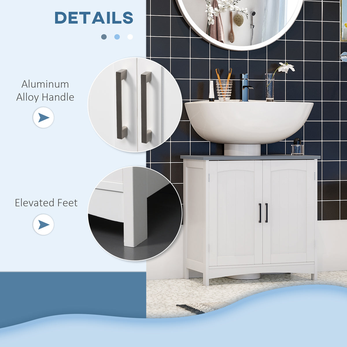 White under-sink cabinet with double doors, aluminum alloy handles, and elevated feet.