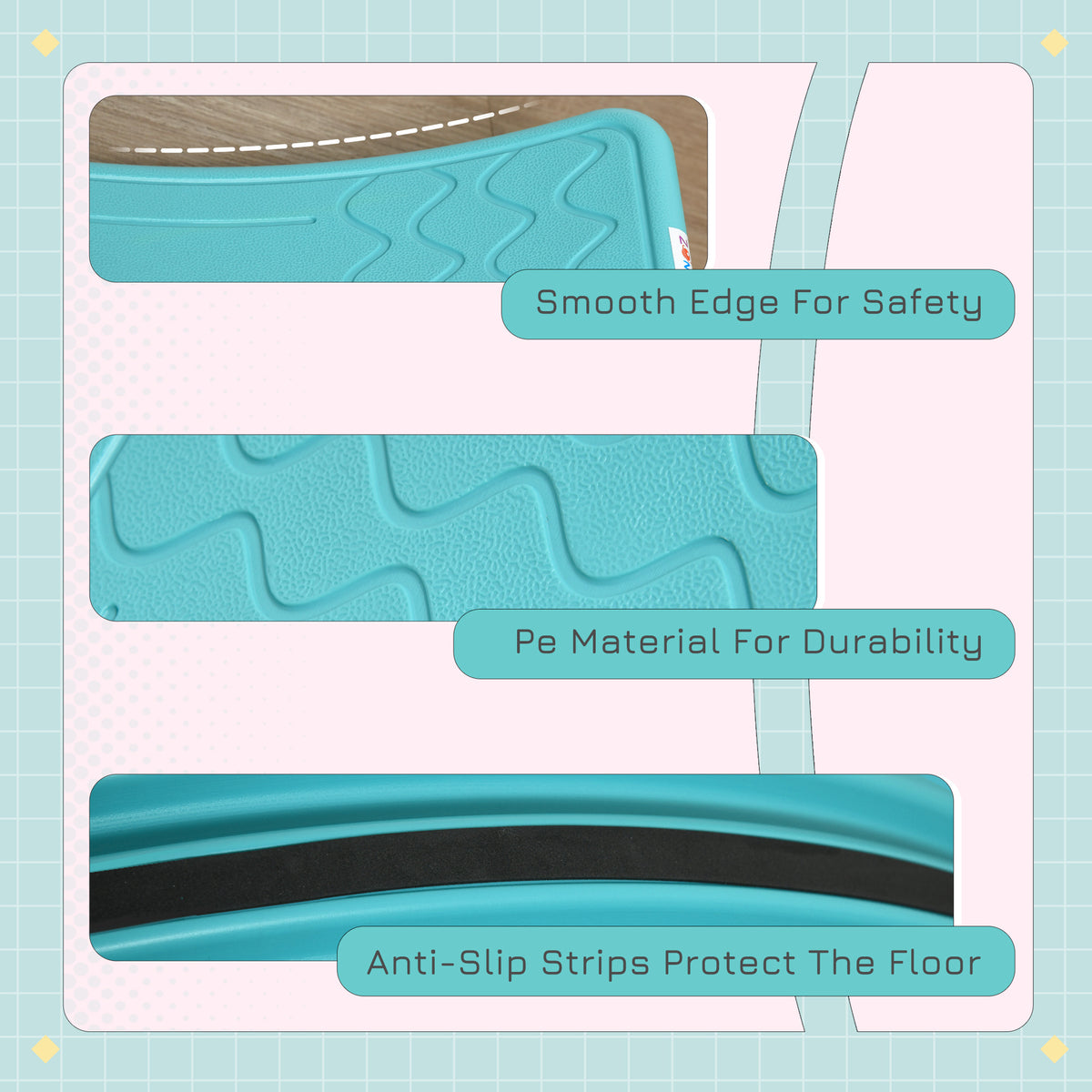 Blue balance board details showing smooth edges, textured grip, and anti-slip strips
