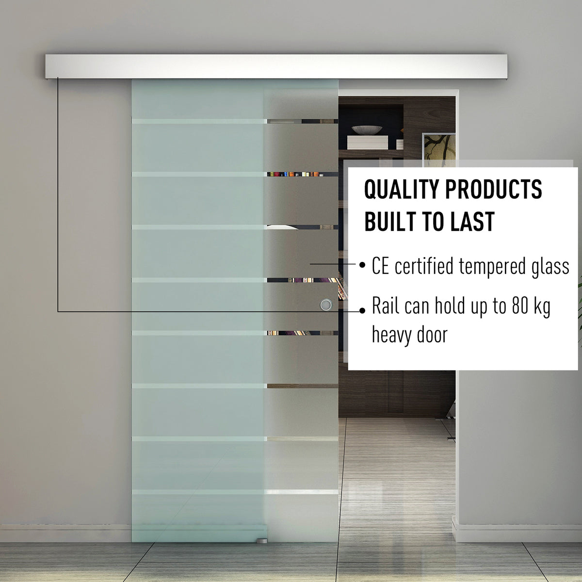 HOMCOM frosted glass sliding door with stripe pattern, shown sliding open on its overhead rail