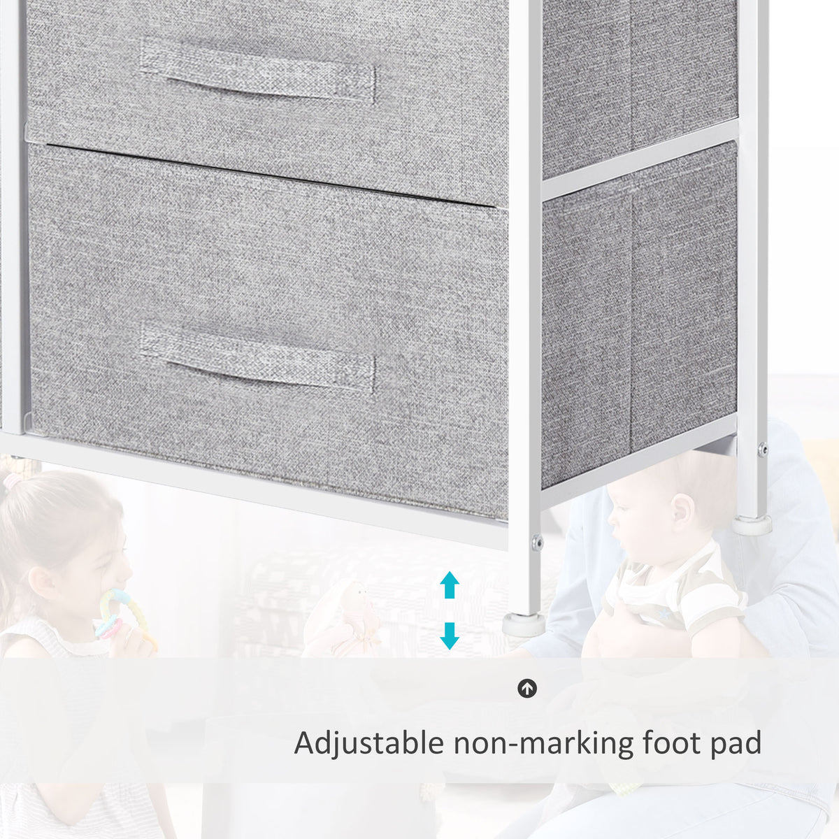 Close-up of gray fabric drawers and an adjustable foot pad on the metal frame