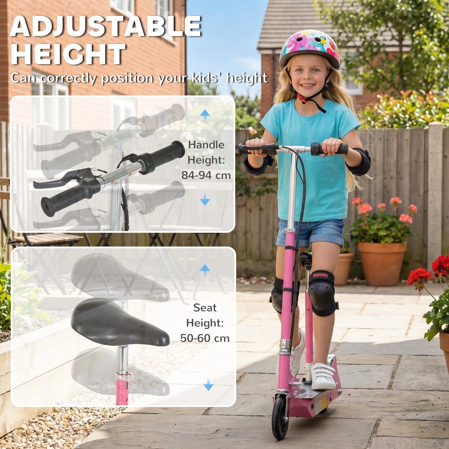 HOMCOM Foldable Powered Scooter with Adjustable Seat, Brake, Pink