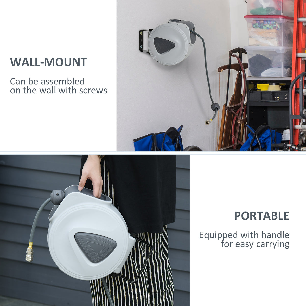 DURHAND gray retractable air hose reel shown wall-mounted and carried by its handle