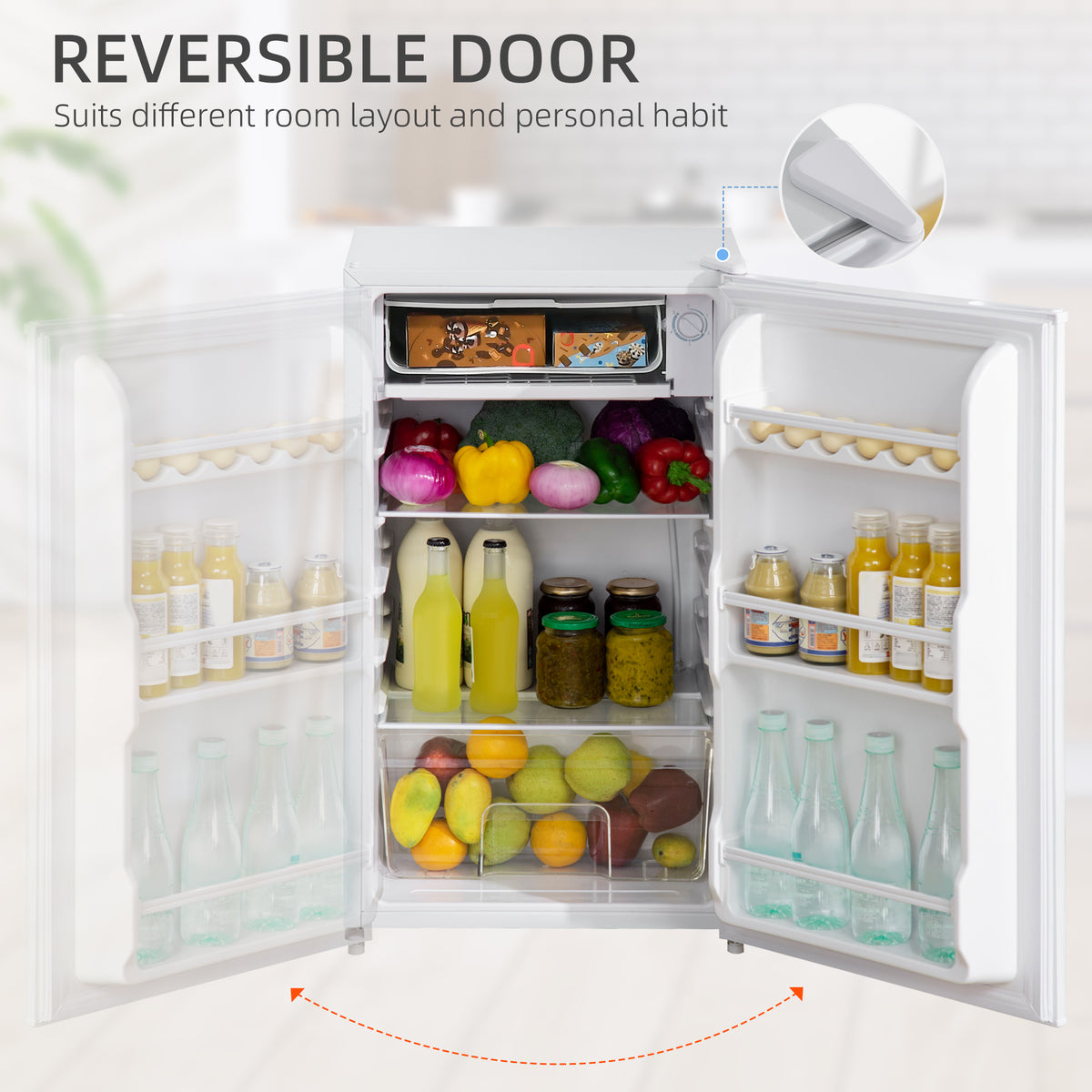 White under-counter fridge with both doors open, showing a chiller box, shelves, and door racks.