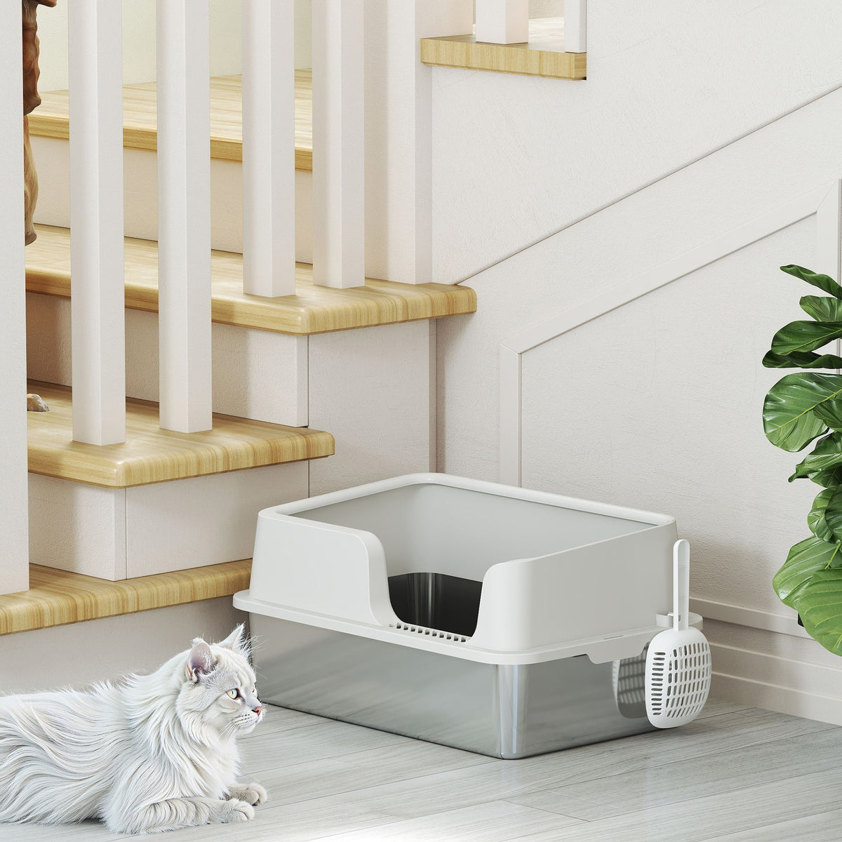 PawHut Stainless Steel Litter Box with Detachable Rim, Scoop, Easy Cleaning, Odour-Resistant, 60 x 40 x 28 cm