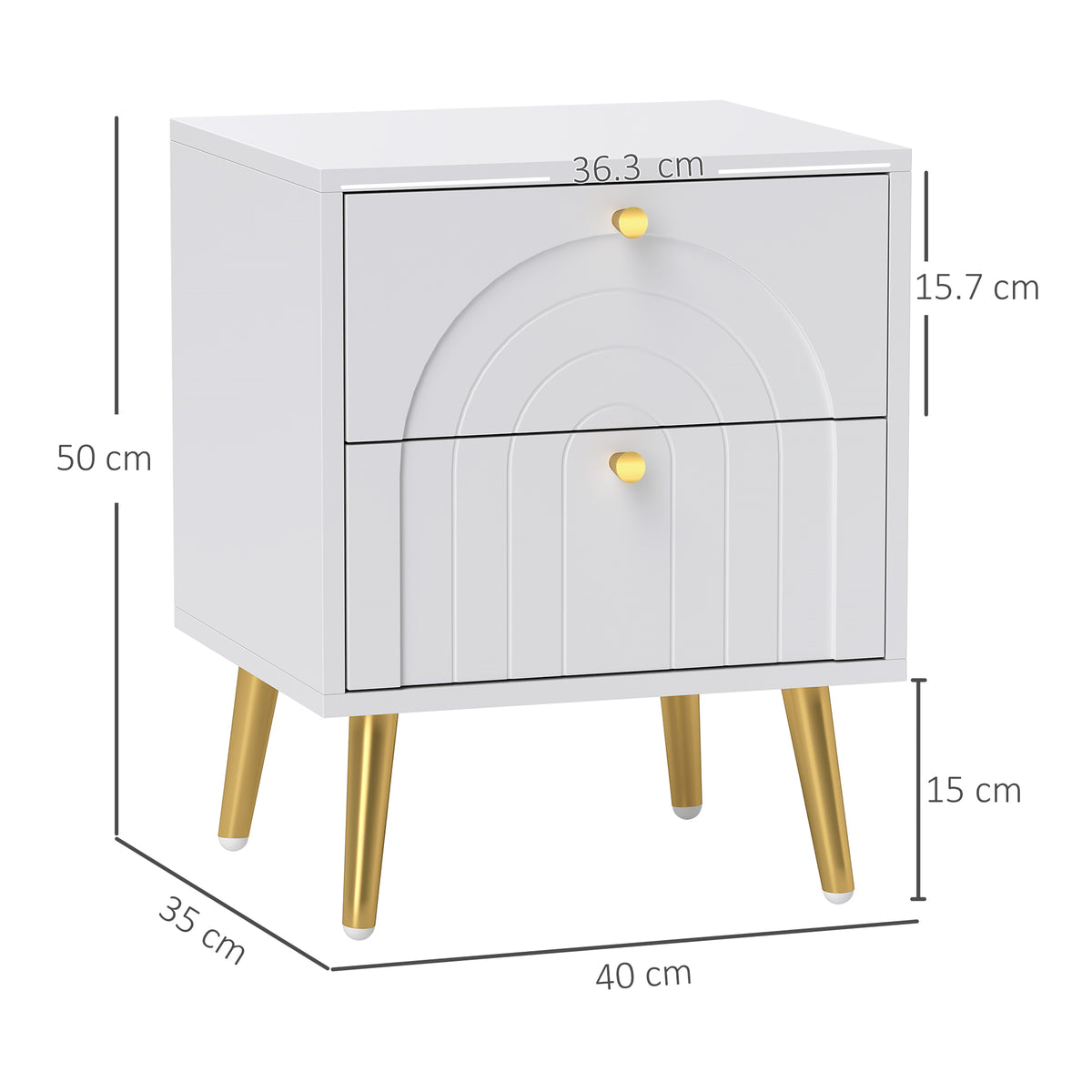 White two-drawer bedside table with gold knobs and tapered legs; dimensions shown