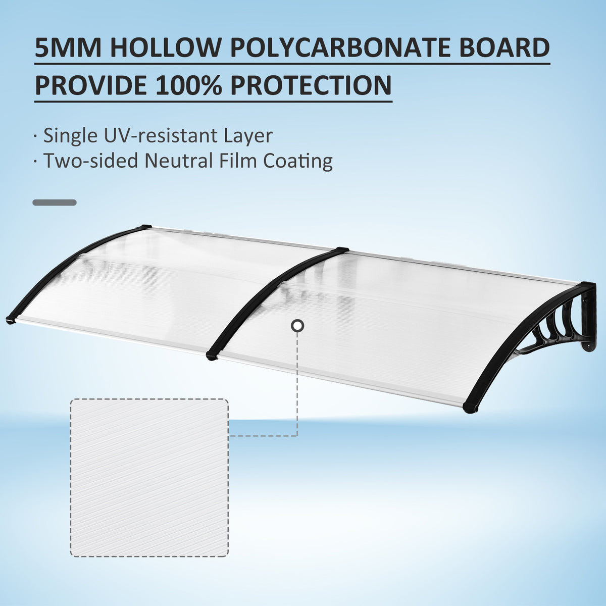Polycarbonate door canopy with clear curved panel and black support bars