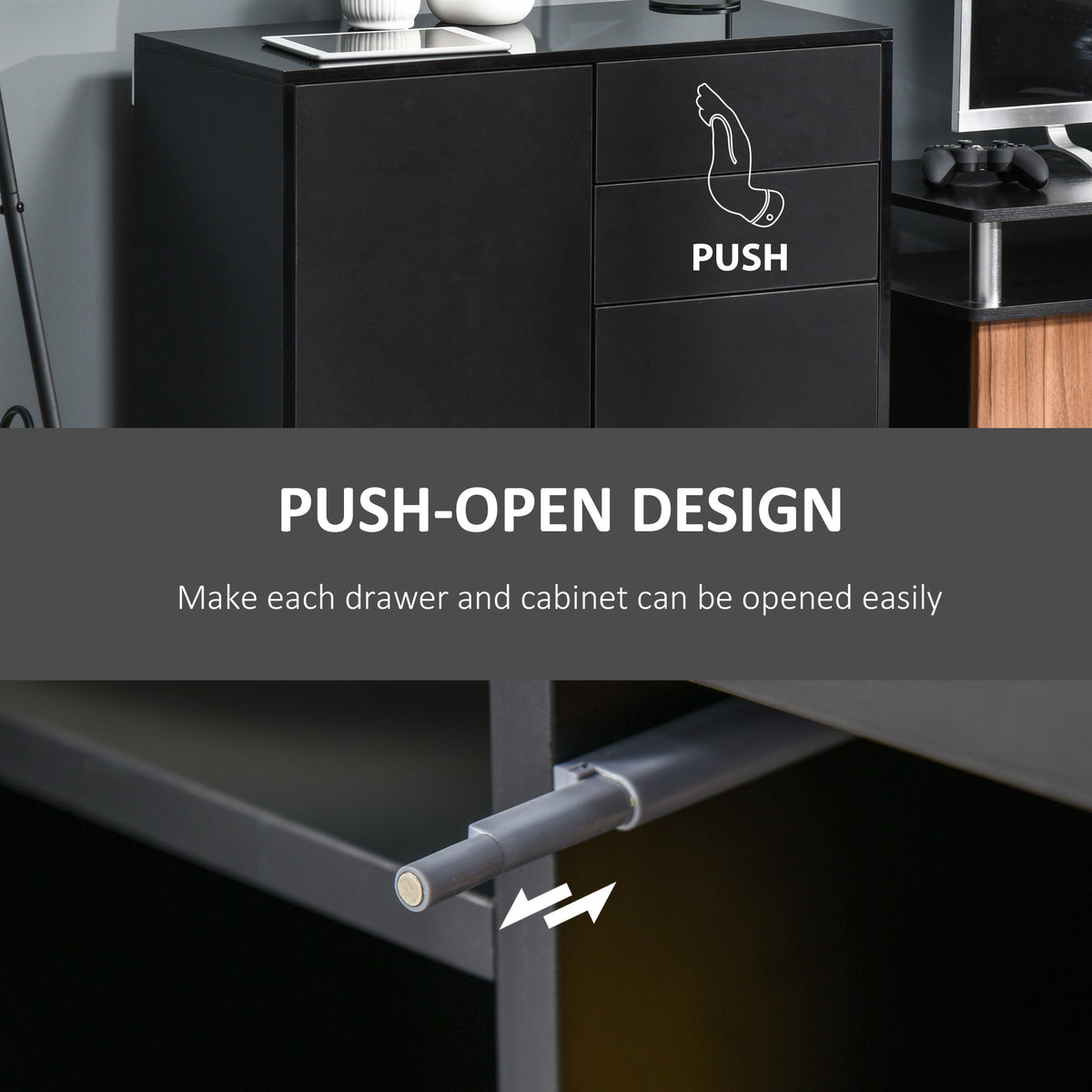 Black sideboard with push-open drawers and cabinet door; close-up of push latch