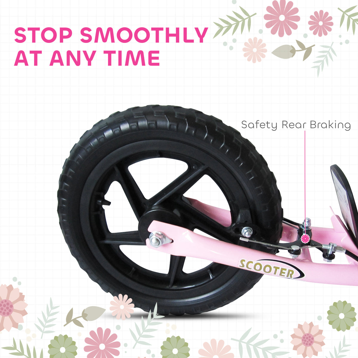 Close-up of pink scooter rear wheel and rear brake.