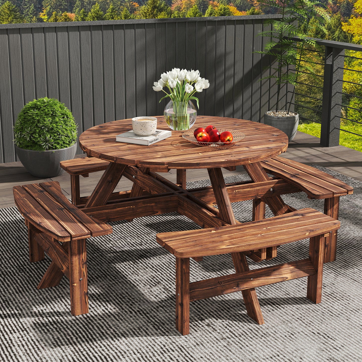 Outsunny Wooden Garden Dining Set, 8 Seater Patio Furniture Set with Round Picnic Table, Parasol Hole for Outdoor Garden, Tan