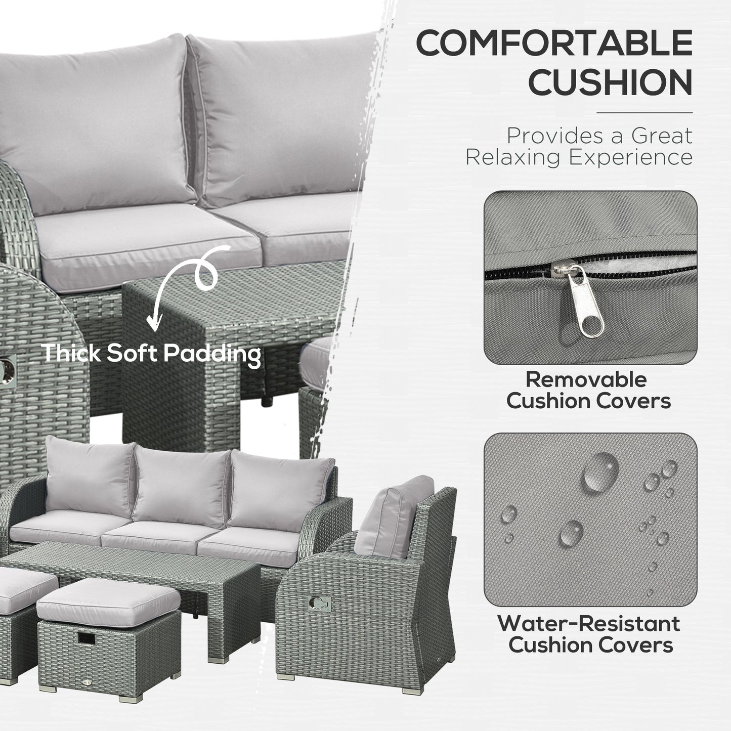 Outsunny Six-piece Outdoor Rattan Dining Set, Outdoor Sofa Set with Reclining Armchairs and Mental Frame, Grey