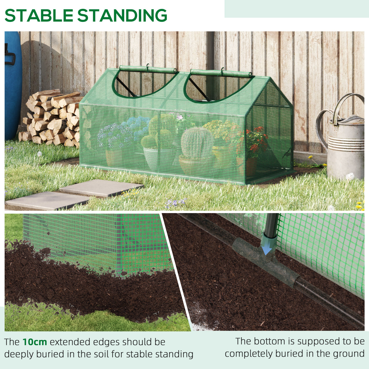 Green mini greenhouse with extended edges designed to be buried for stability
