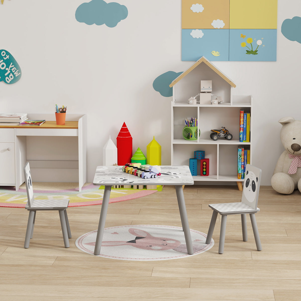 ZONEKIZ gray toddler table and two chairs with panda-themed seats in a playroom