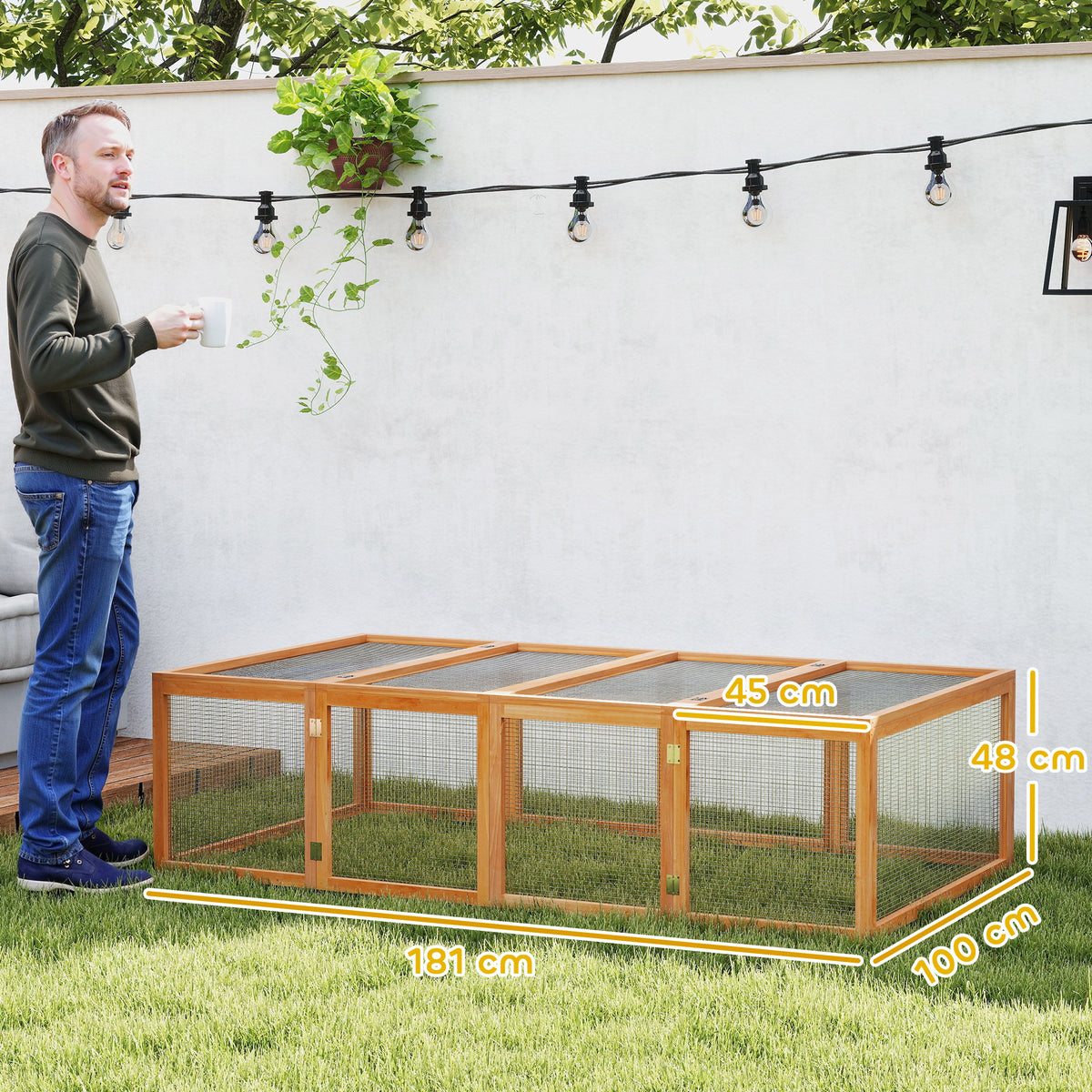 PawHut wooden rabbit run with wire mesh and dimensions of 181 x 100 x 48 cm