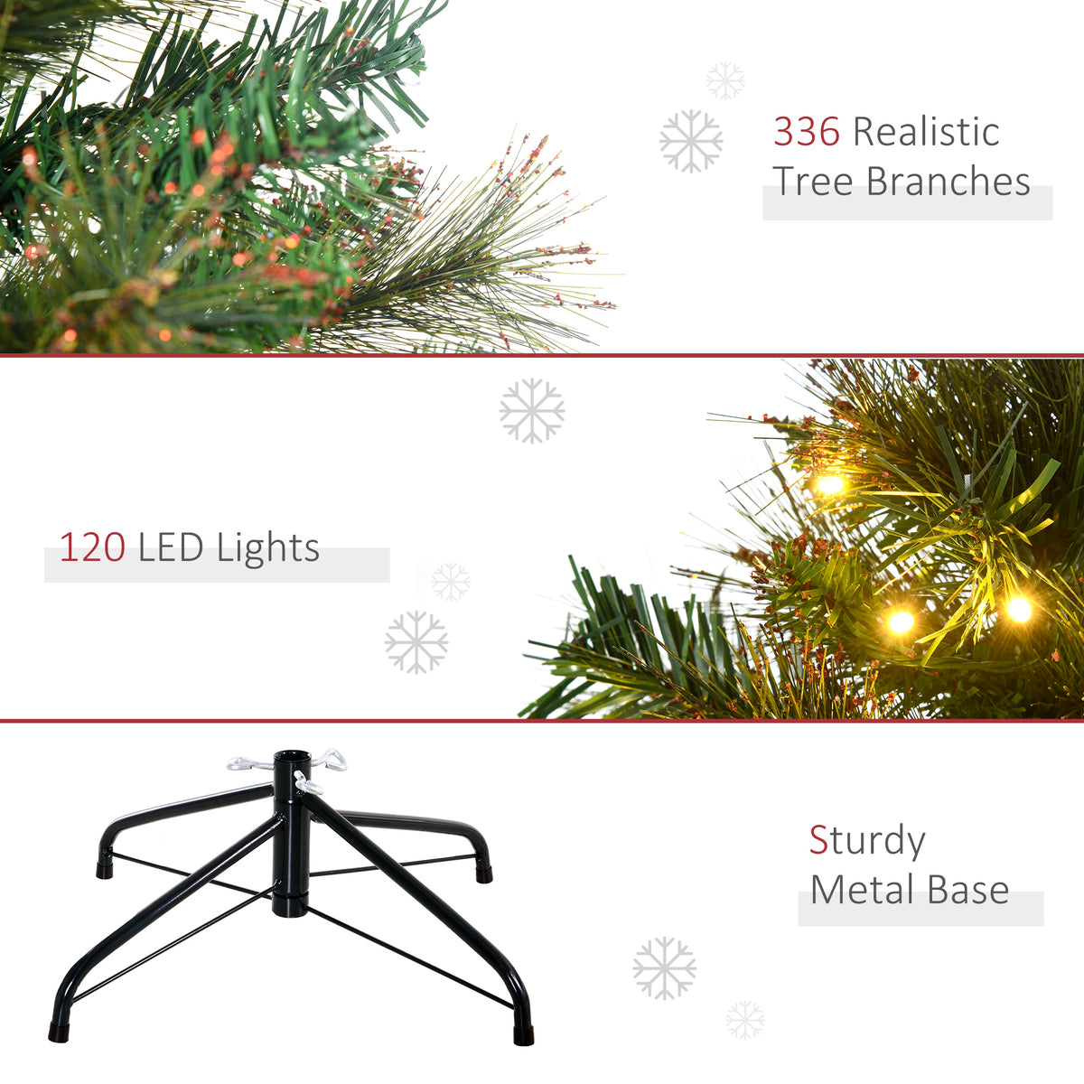 Artificial spruce branch and warm LED close-ups with sturdy metal tree base