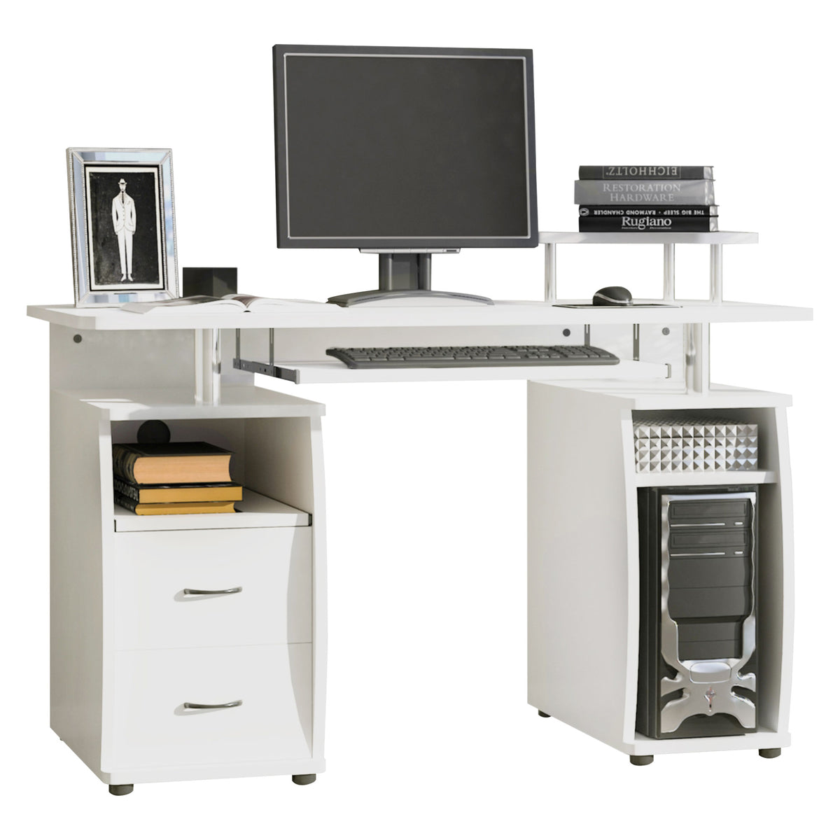 White computer desk with monitor, keyboard tray, raised shelf, drawers, and CPU tower.