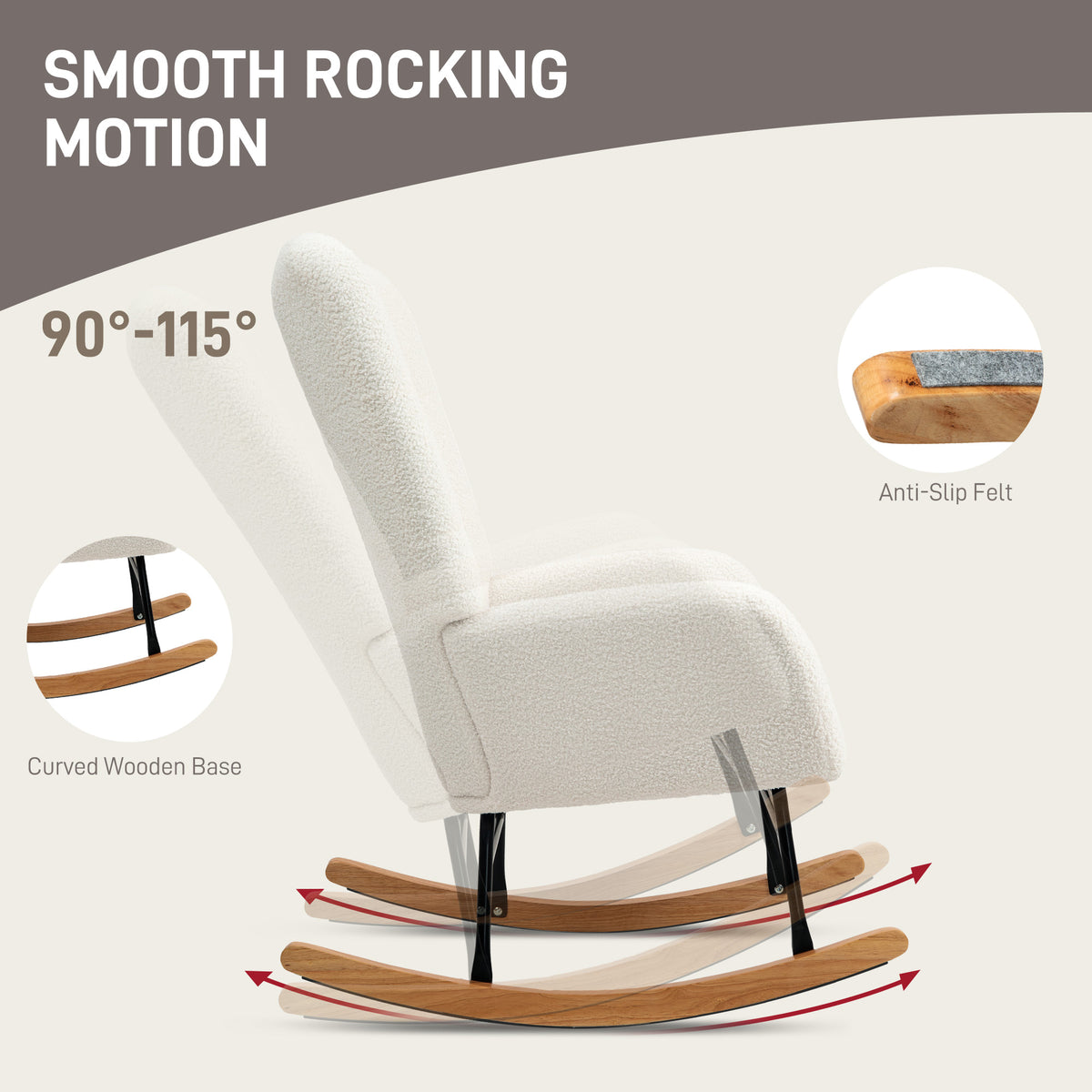 Side view of rocking chair with curved wooden runners and anti-slip felt pads