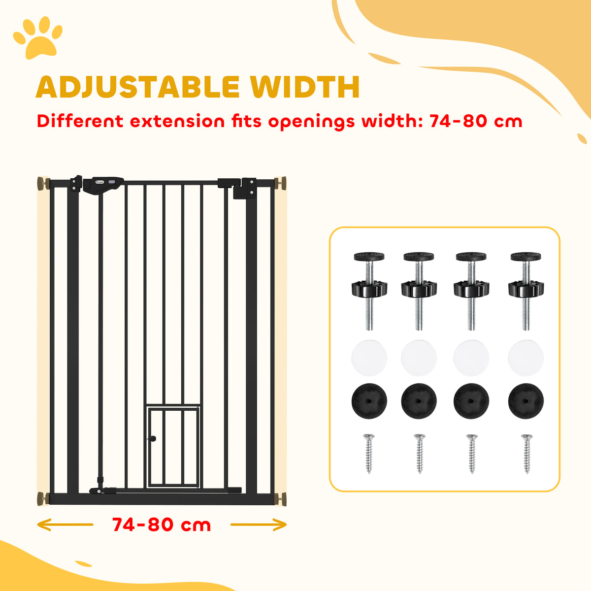 Black metal pet gate with cat flap and included mounting hardware, adjustable from 74–80 cm