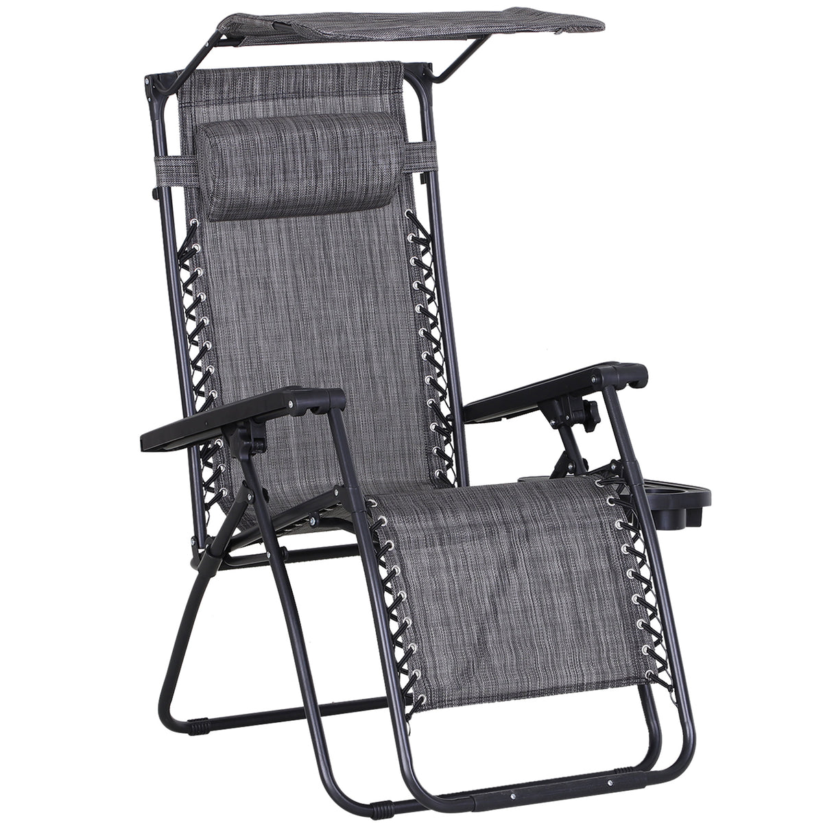 Gray reclining garden chair with canopy, padded headrest, armrests and cup holder