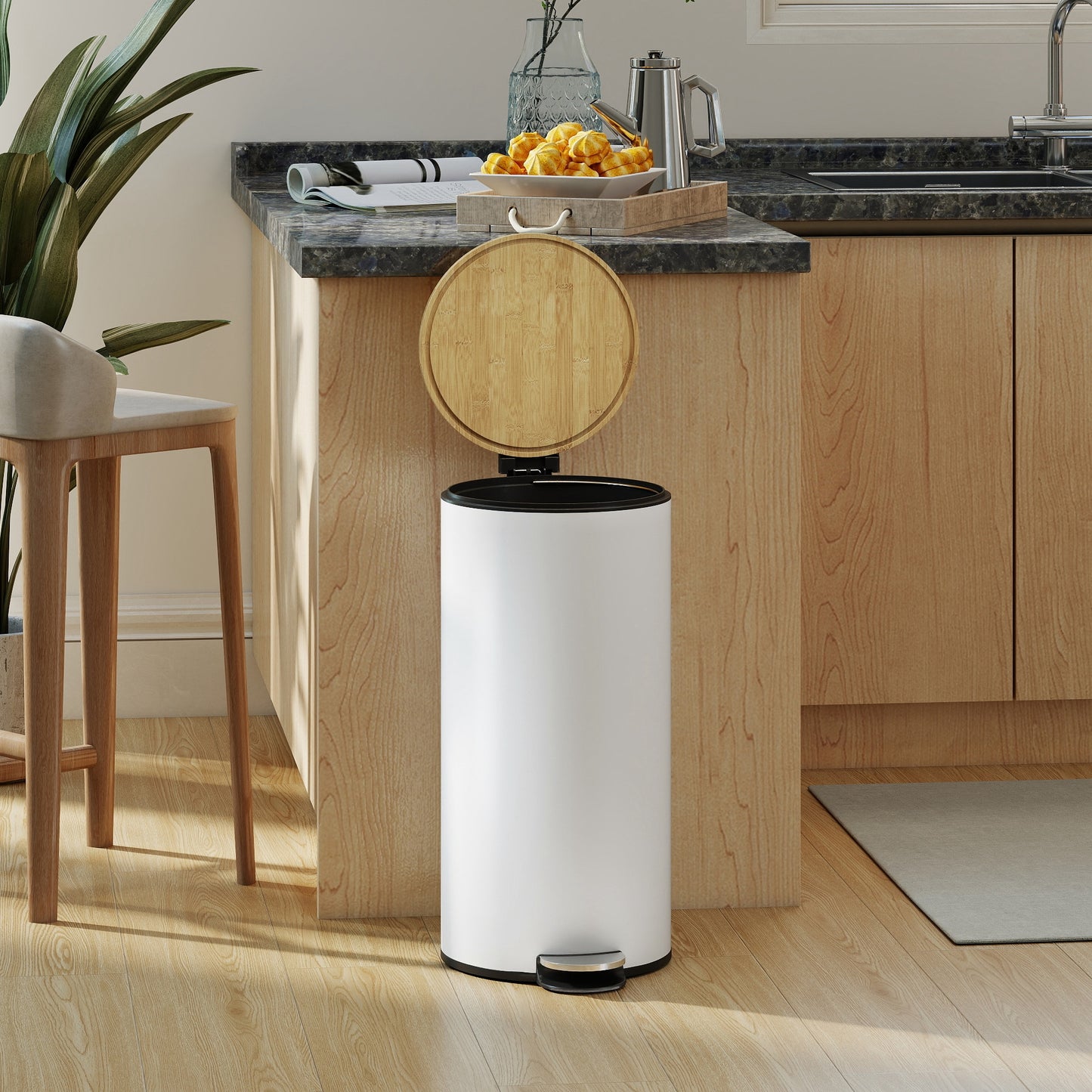 HOMCOM Kitchen Bin, 30 Litre Pedal Rubbish Bin with Removable Bucket, White and Natural