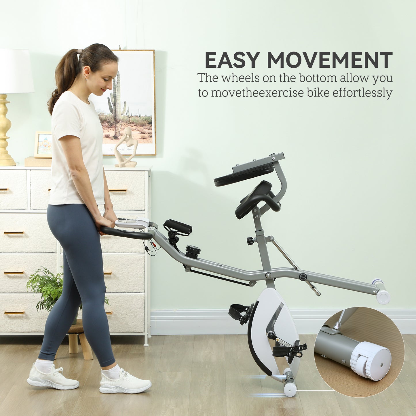 SPORTNOW exercise bike folded and moved using its built-in transport wheels