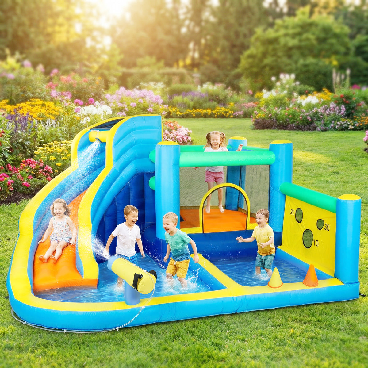 AIYAPLAY 8 in 1 Bouncy Castle for Kids, Inflatable Bounce House with Slide, Pool (Ball Pit), Water Cannon for Indoor Outdoor