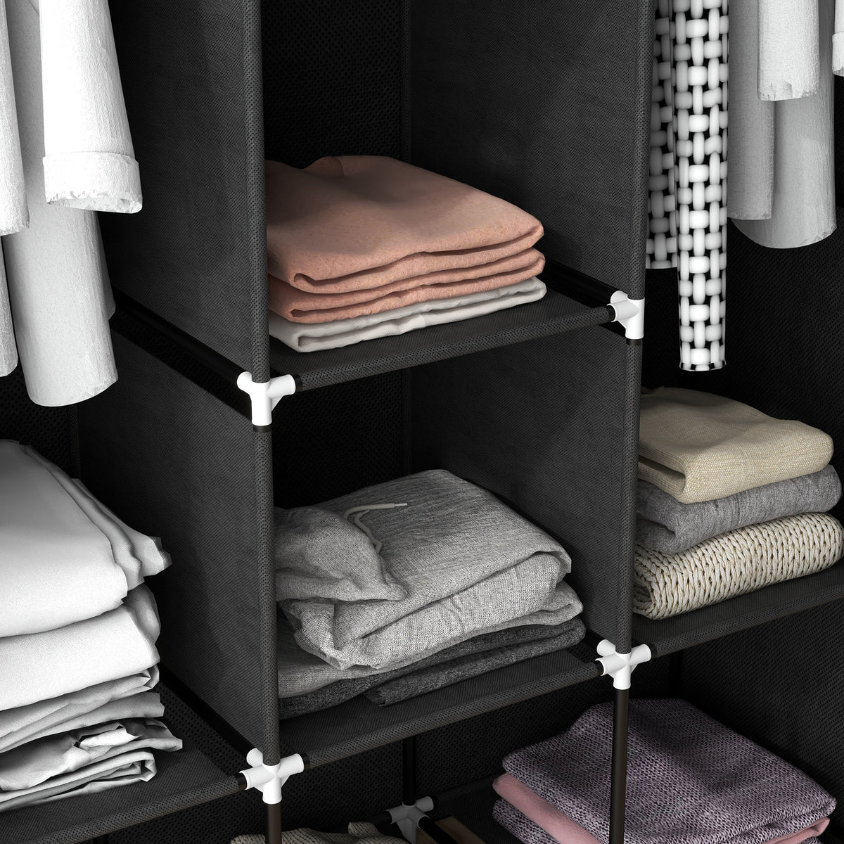 HOMCOM Fabric Wardrobe, with Rails and Shelves - Black