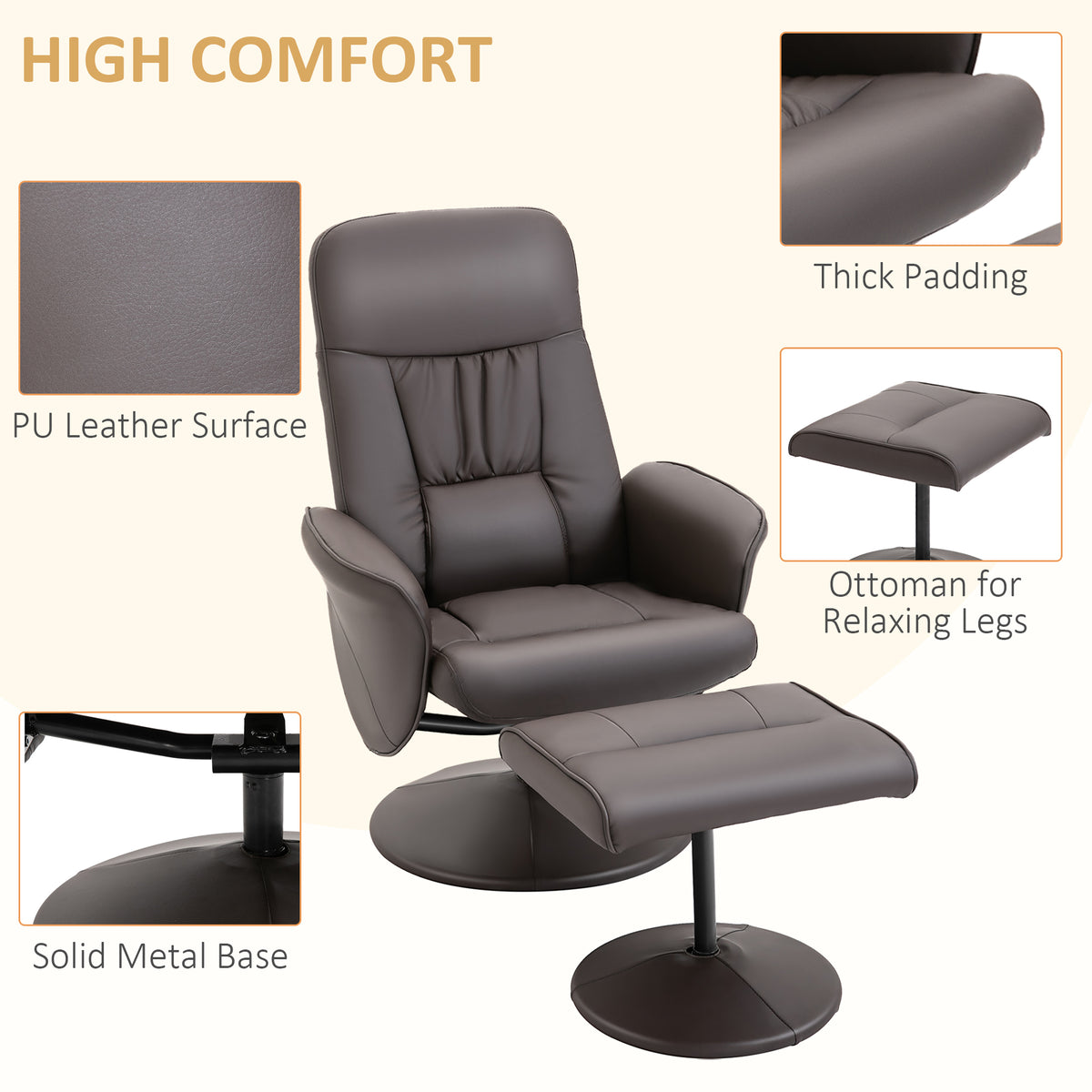 Brown high-back recliner chair and footstool with padded upholstery and metal bases