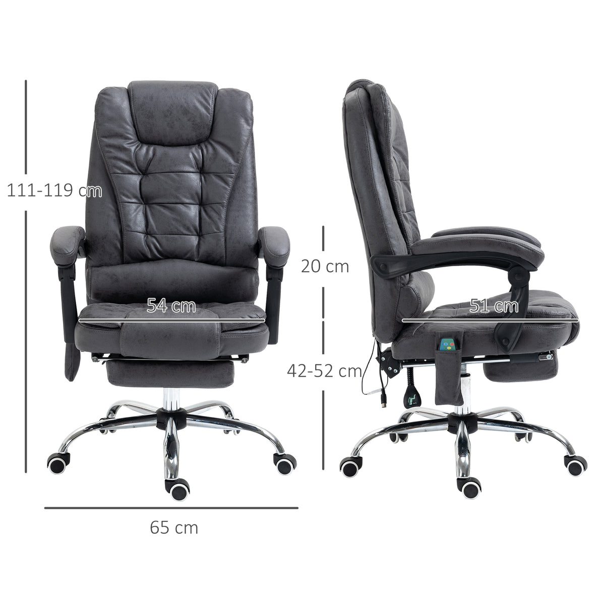 Vinsetto massage office chair shown from front and side with size measurements