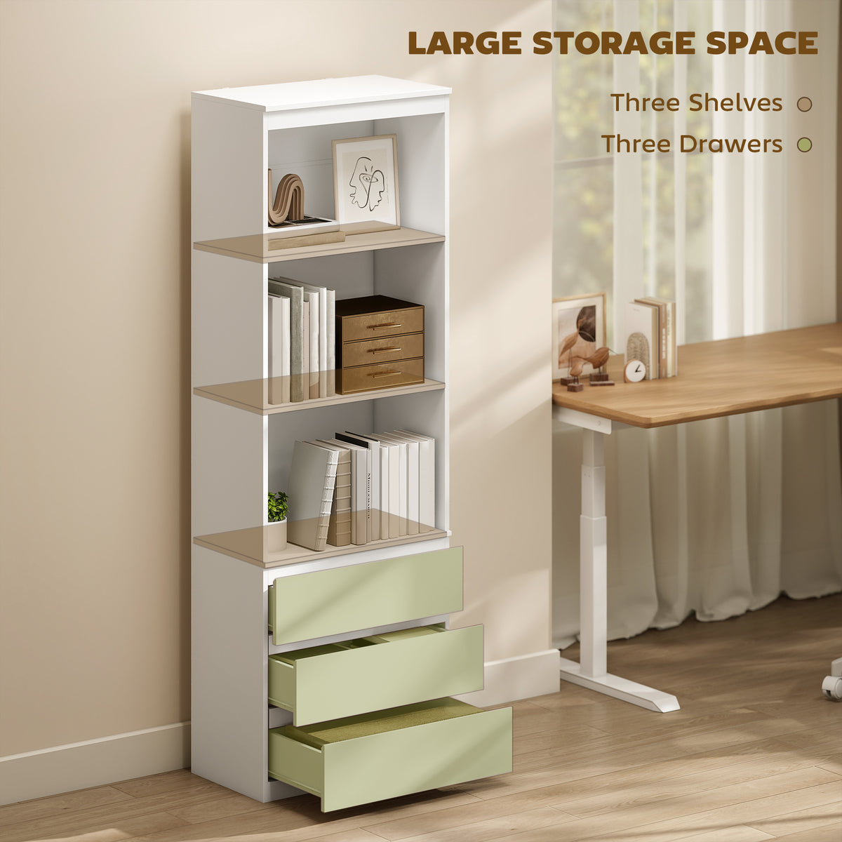 HOMCOM 180cm Tall Bookcase, with Shelves and Drawers - White