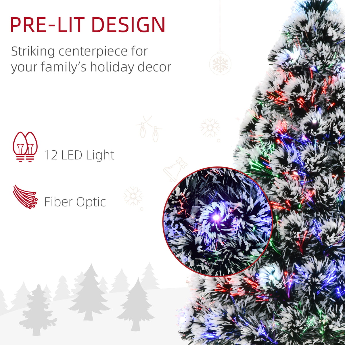 Snow-flocked HOMCOM Christmas tree detail showing colorful LED and fiber optic lights