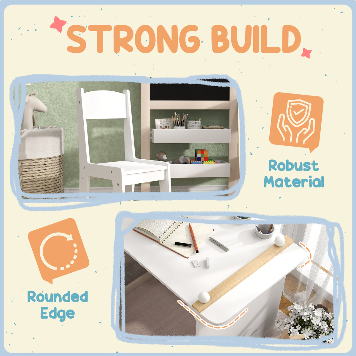 Close-up of the children's table set's rounded desk edge, chair, and storage shelves