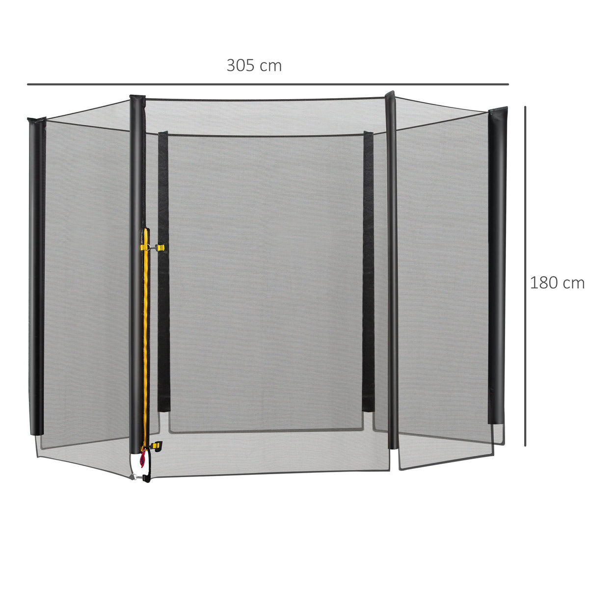 Black trampoline replacement enclosure net, 305 cm wide and 180 cm tall