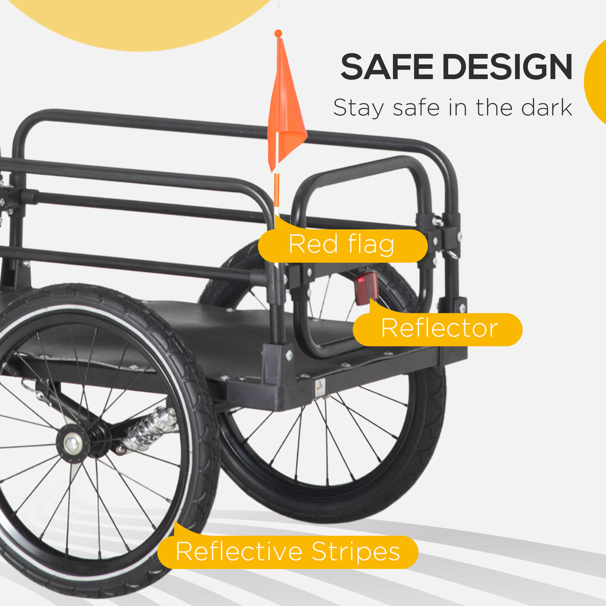 HOMCOM black bicycle cargo trailer with orange safety flag, reflector, and reflective wheel stripes