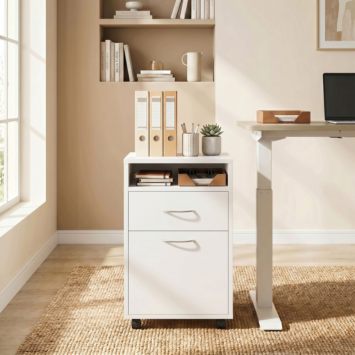 HOMCOM Filing Cabinet, Mobile File Cabinet with 2 Lockable Drawers, Office Home Organiser on Wheels for A4, Letter-Size File Folders, Mobile Printer with Open Shelf, White
