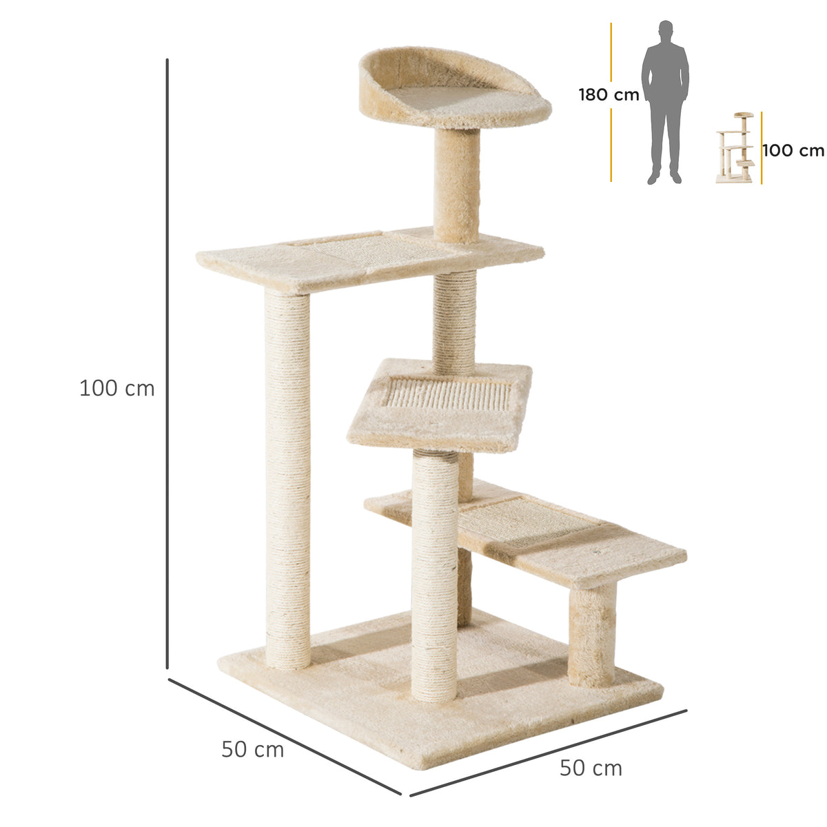 Beige 100 cm cat tree with platforms and top bed; base measures 50 by 50 cm