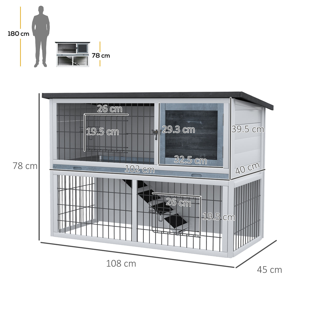 PawHut rabbit hutch with dimensions marked: 108 cm wide, 45 cm deep and 78 cm tall