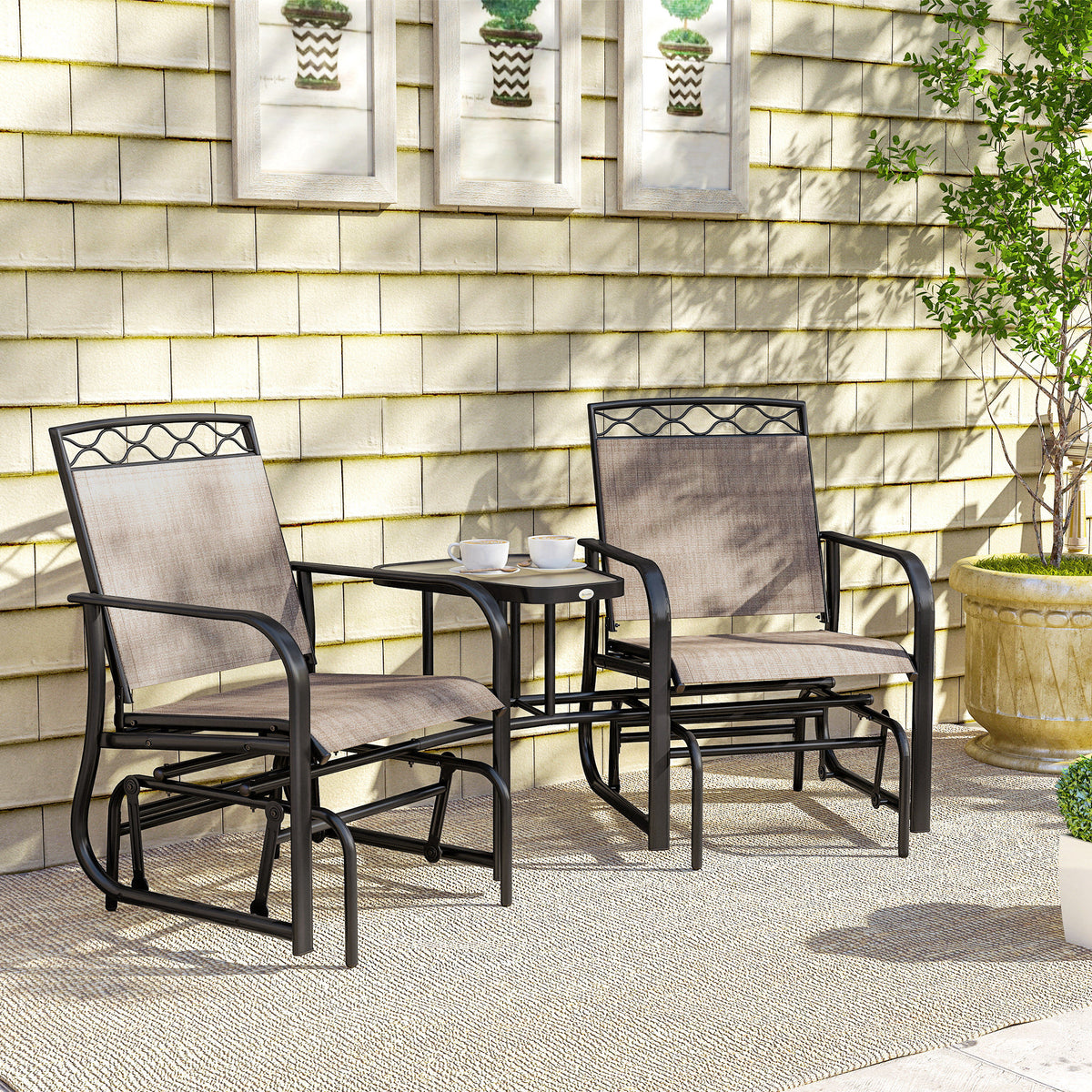 Outsunny Double Outdoor Glider Chair, 2 Seater Patio Rocking Chairs, Swing Bench with Tempered Glass Table, Breathable Mesh Fabric for Backyard, Garden, Porch, Brown