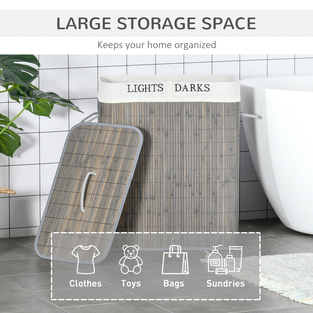 Large gray laundry hamper with removable lid and labeled compartments for clothes and household items