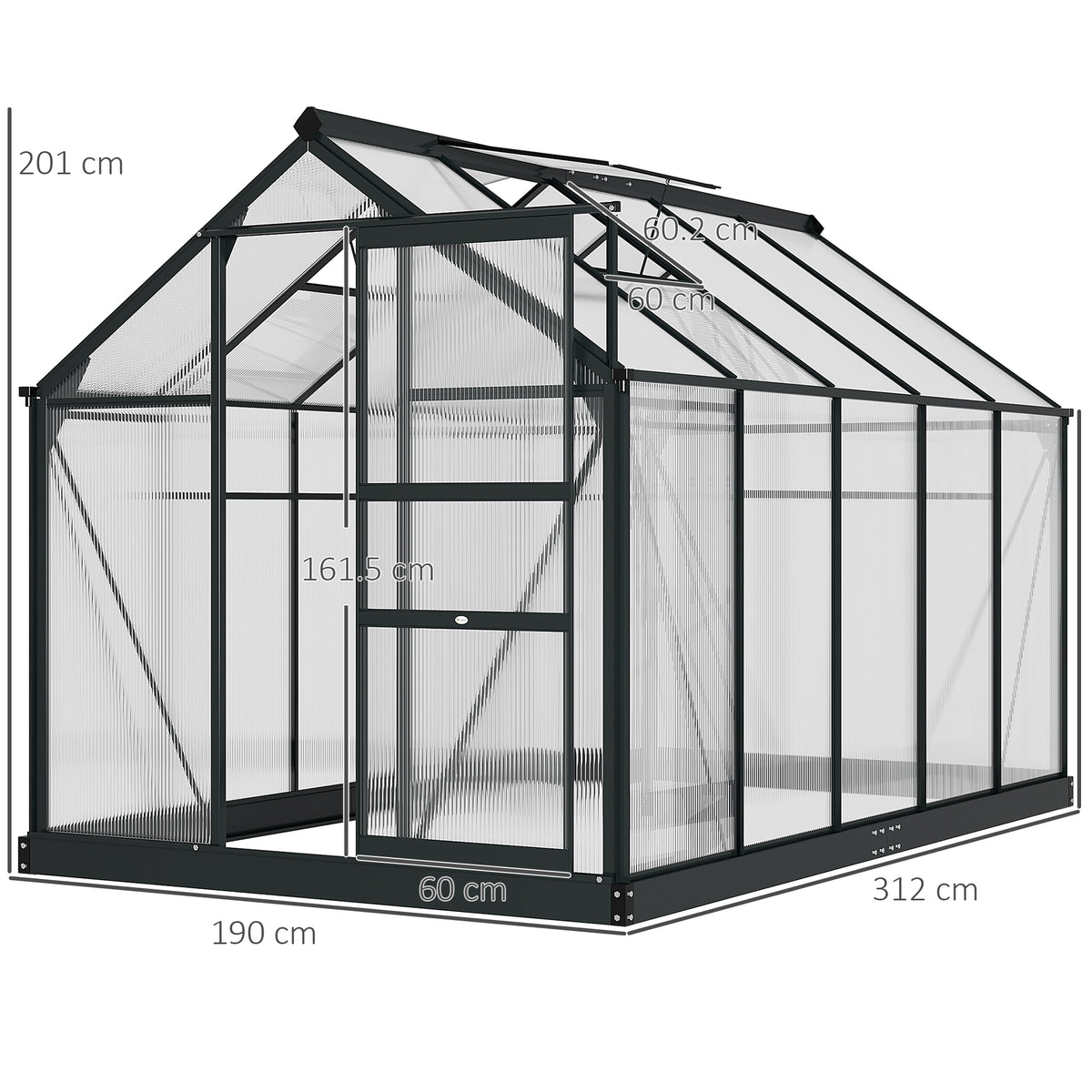 Outsunny greenhouse with open sliding door and labeled overall dimensions