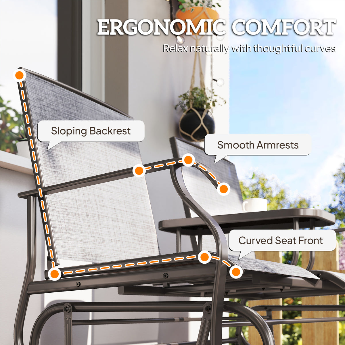 Outsunny 2 Seats Garden Glider Bench, Metal Frame Loveseat with Glass Top Centre Table, Porch Rocking Glider for 2 Person, for Deck, Patio, Brown/ Grey