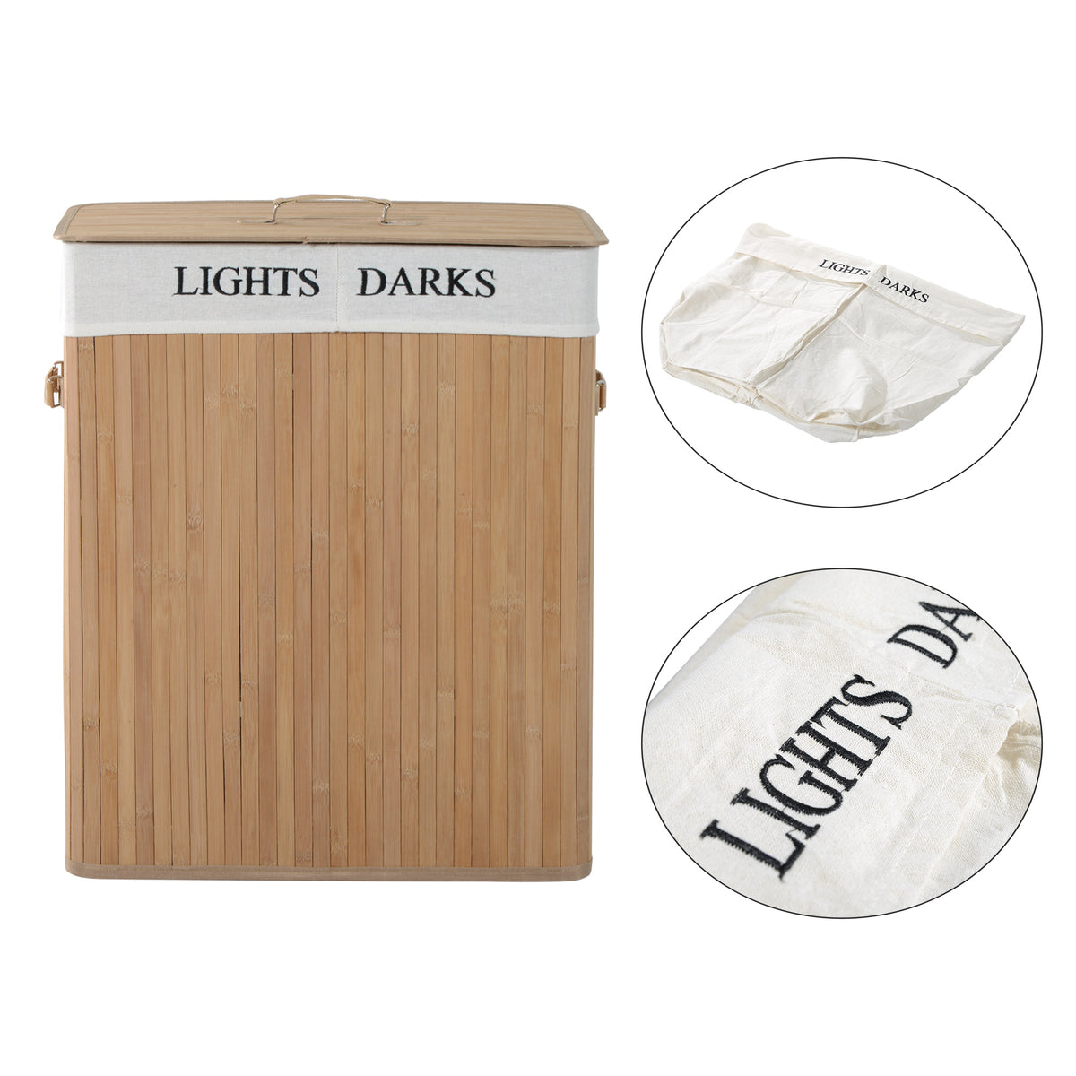 Natural wood laundry hamper with lid and removable two-section Lights/Darks liner