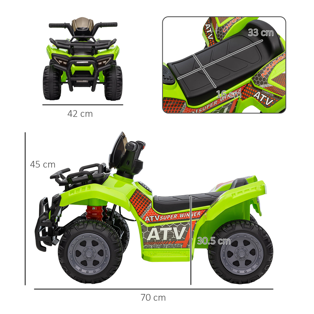 Green kids' electric quad bike with measurement callouts and a close-up of its seat.