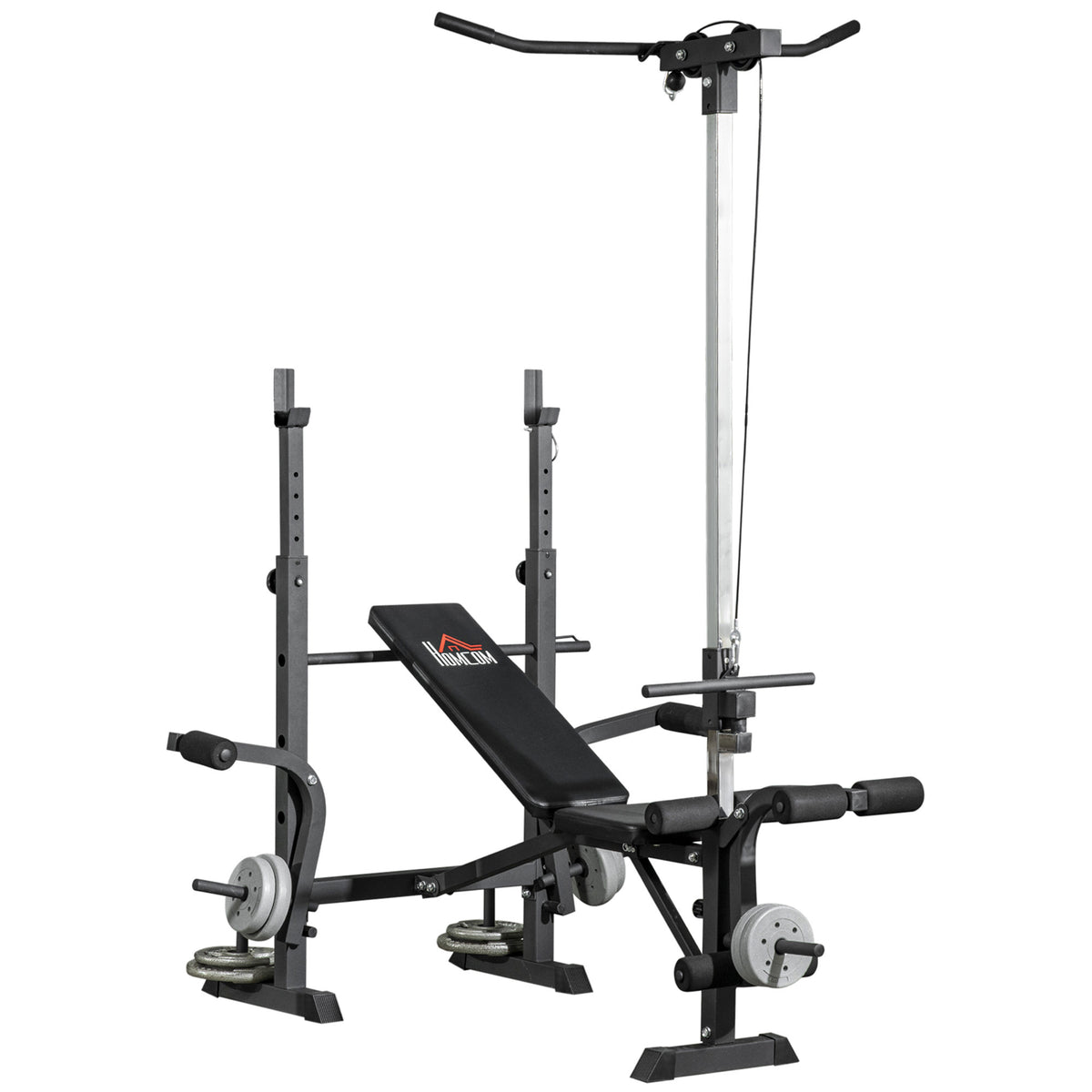 HOMCOM adjustable weight bench with squat rack, pulley, leg developer and weight storage