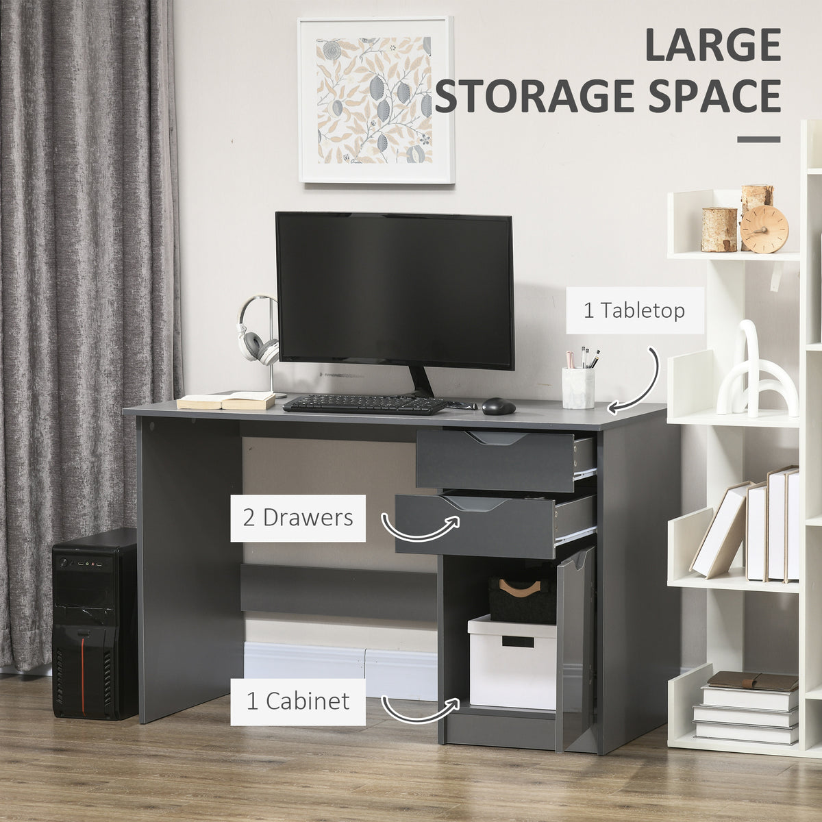 Grey computer desk with two drawers and a cabinet shown holding office equipment.