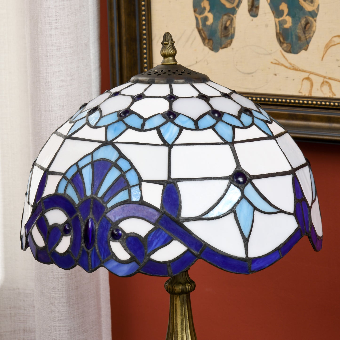 HOMCOM Tiffany Stained Glass Table Lamp, Handmade Antique Bedside Lamp for Bedroom, Living room, Home, Nightstand, Decorative Night Light, Blue